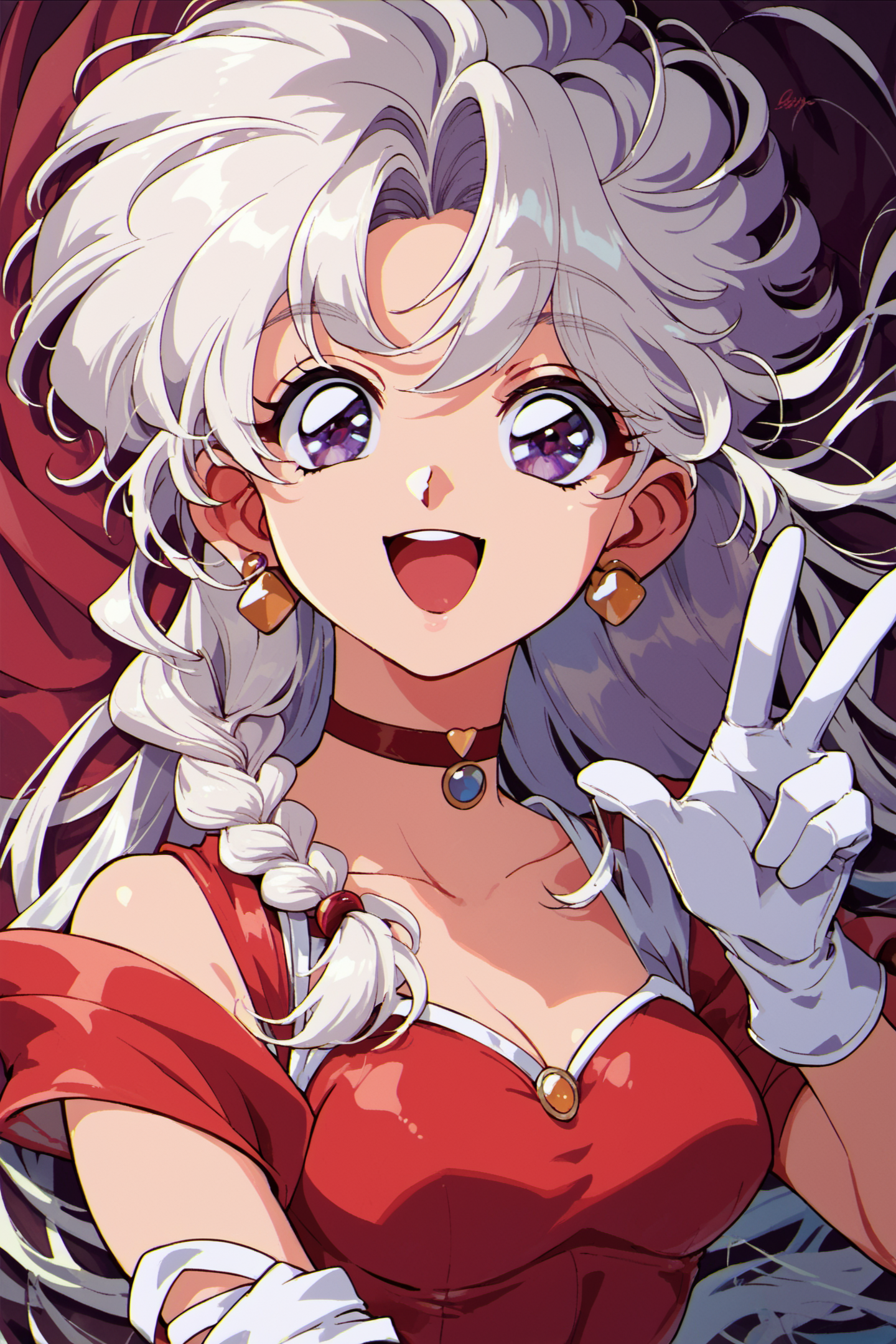 27477-3466870042-1girl,solo,gloves,white gloves,white hair,long hair,choker,earrings,open mouth,v,jewelry,dress,purple eyes,smile,looking at view.png